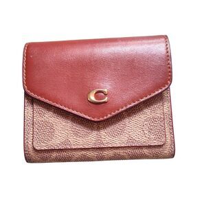 Coach Signature Wallet Burgundy Red Snap Zip Compact Wallet Leather Trim